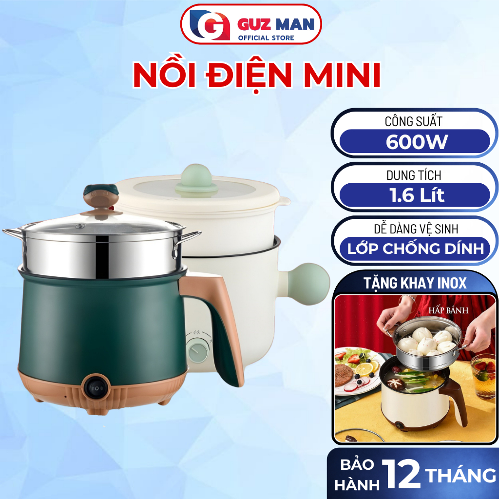 Nồi Lẩu Điện Mini Nấu Mì 2 Tầng  Kèm Giá Hấp Đa Năng, Nướng, Luộc, Chiên, Chống Dính Tiện Lợi