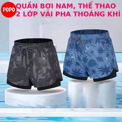 Quần bơi nam, đi biển, đi bơi, chơi thể thao 2 lớp co giãn POPO QB8 vải pha thoáng khí, mau khô