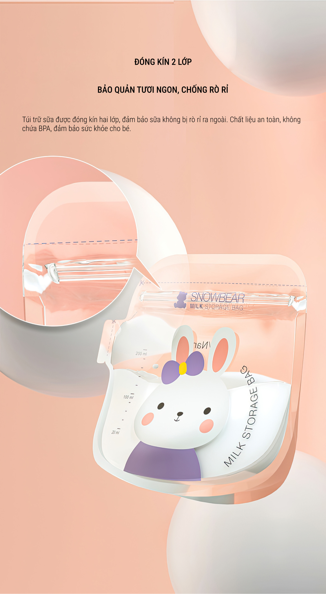 Túi trữ sữa SNOWBEAR chống rò rỉ và kín 2 lớp
