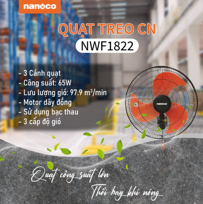 Quạt treo Nanoco model NWF1822 màu đen cam (3 chế độ gió, công suất 65w)