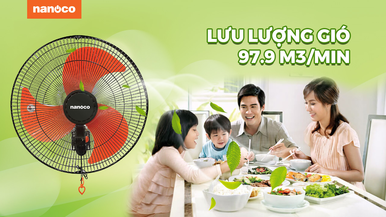 Quạt treo Nanoco model NWF1822 màu đen cam (3 chế độ gió, công suất 65w)