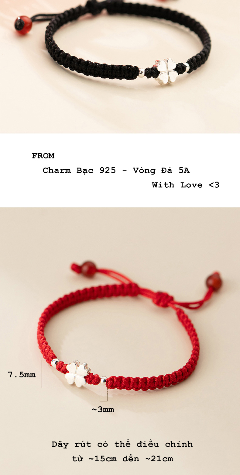 Vòng tết dây chỉ đỏ và đen mix cỏ 4 lá 7.5mm bạc 925 