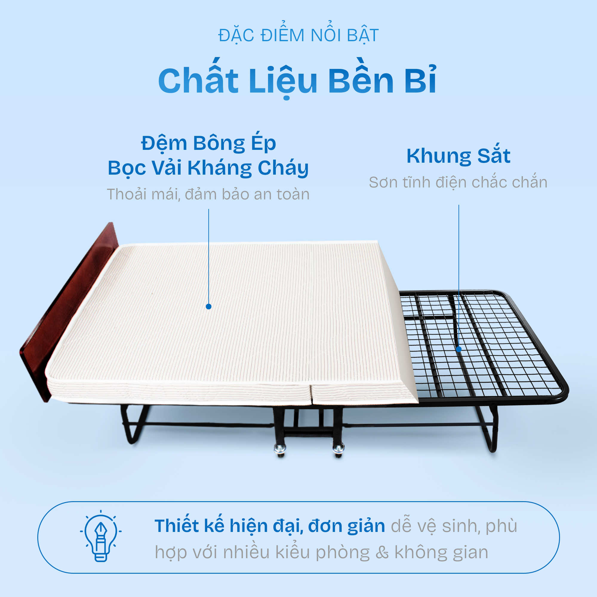 Giường xếp gọn CHU MY trang bị 4 bánh xe xoay 360 độ di chuyển tiện lợi
