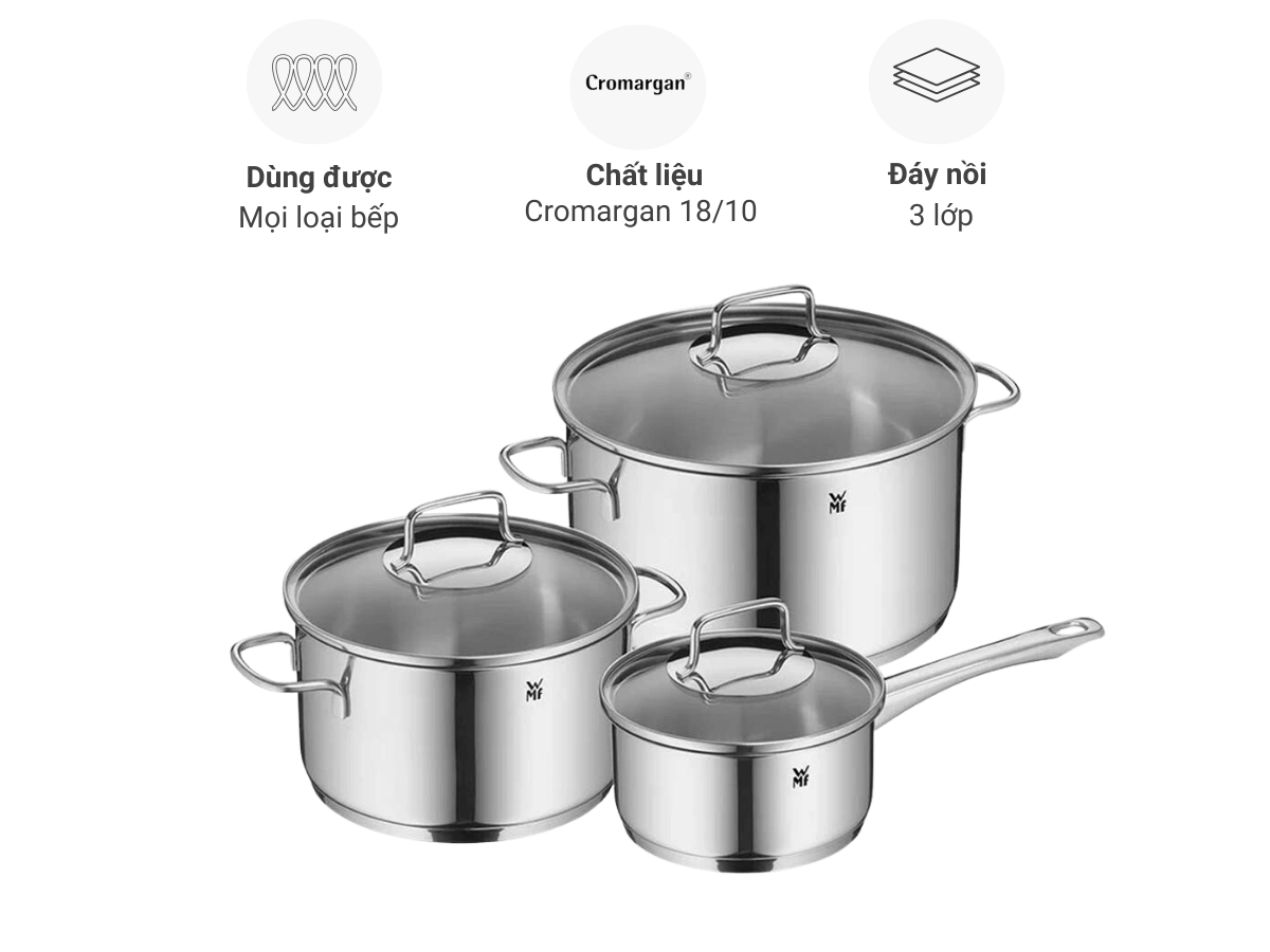 Bộ Nồi WMF Astoria 3 món , Đáy Từ 3 Lớp, Thép Không Gỉ Cromargan Size 24,20,16cm, Dùng Được mọi loại bếp