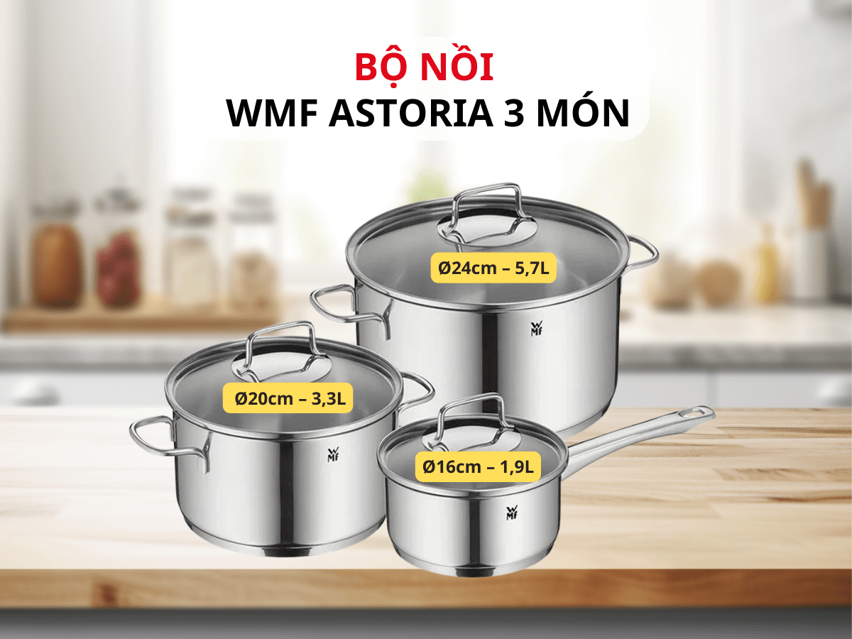Bộ Nồi WMF Astoria 3 món , Đáy Từ 3 Lớp, Thép Không Gỉ Cromargan Size 24,20,16cm, Dùng Được mọi loại bếp