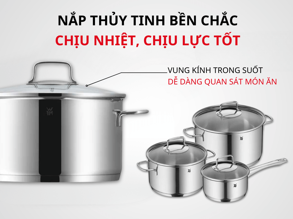 Bộ Nồi WMF Astoria 3 món , Đáy Từ 3 Lớp, Thép Không Gỉ Cromargan Size 24,20,16cm, Dùng Được mọi loại bếp
