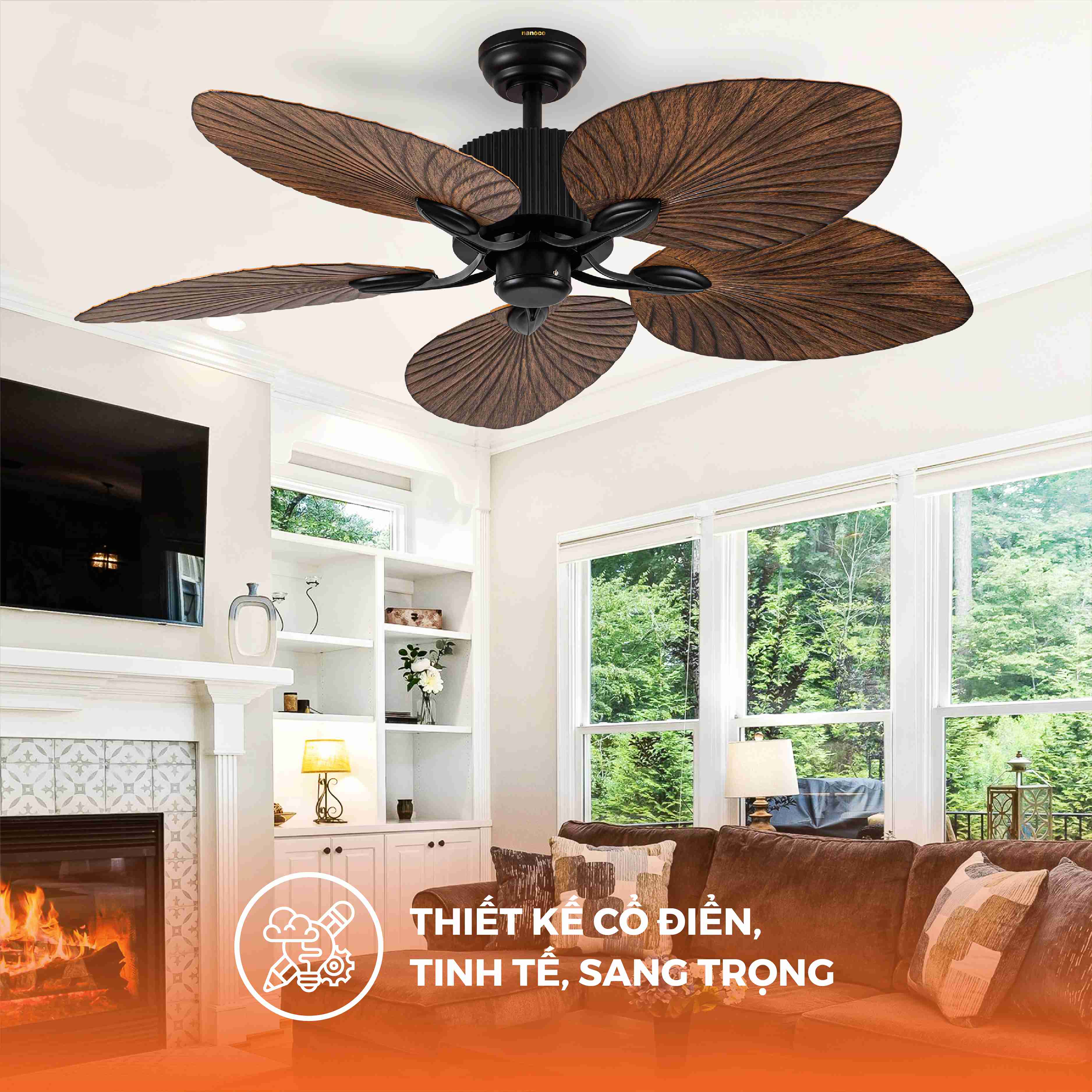 Quạt trần trang trí vân gỗ 5 cánh động cơ DC có remote Nanoco model NCFD5251 công suất 35W