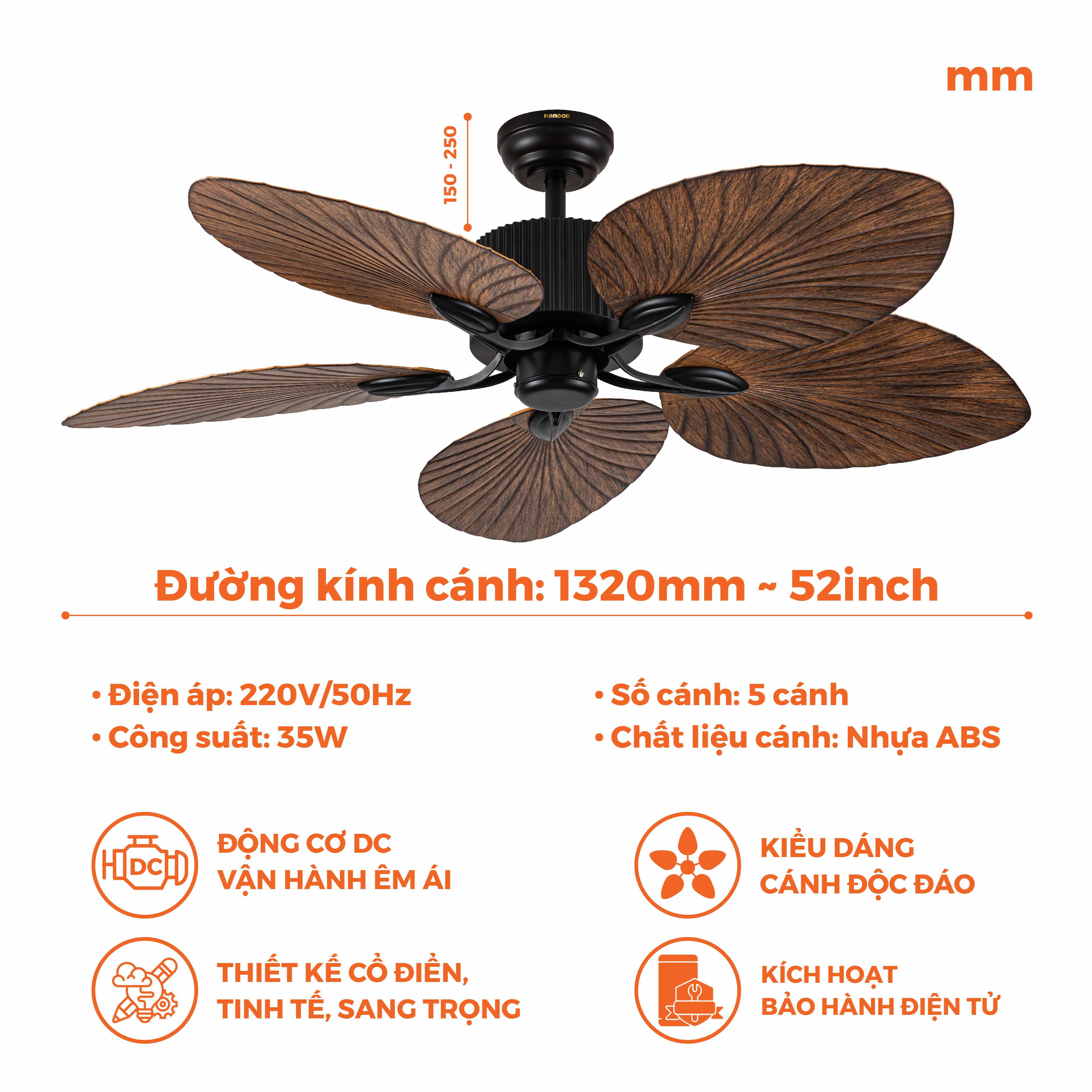 Quạt trần trang trí vân gỗ 5 cánh động cơ DC có remote Nanoco model NCFD5251 công suất 35W