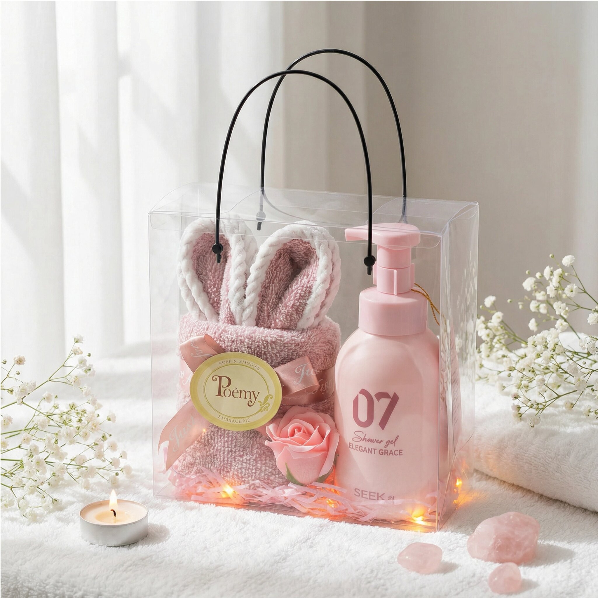 Set quà tai thỏ khăn Poêmy ST 35x75 và sữa tắm hương nước hoa seek.si