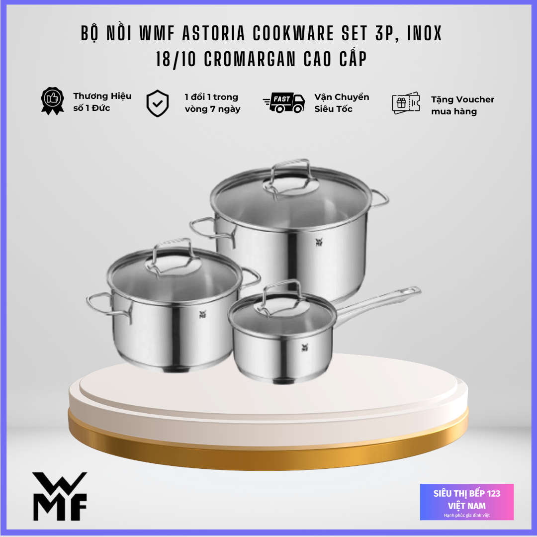 Bộ Nồi WMF Astoria 3 món , Đáy Từ 3 Lớp, Thép Không Gỉ Cromargan Size 24,20,16cm, Dùng Được mọi loại bếp