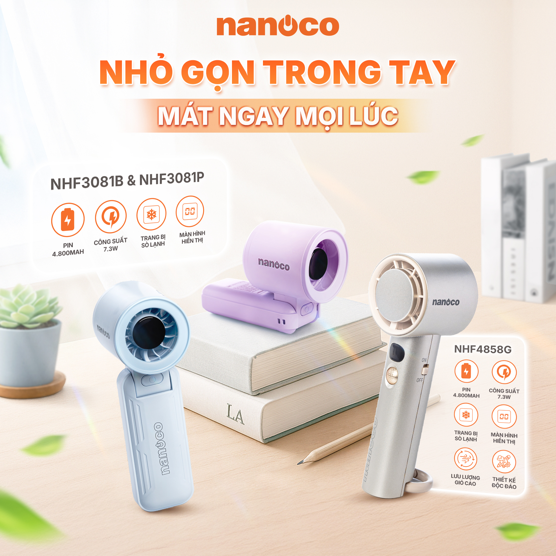 Quạt sạc cầm tay màu tím/xanh động cơ DC Nanoco model NHF3081 lithium 3000mAh công suất 5.8W