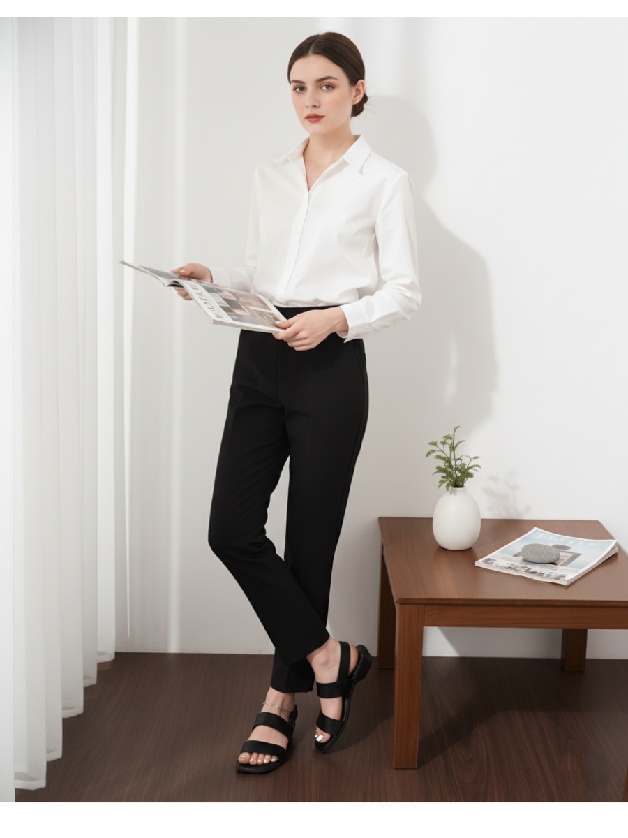 Sandal đen cùng áo sơ mi sáng và quần tây - thanh lịch, tự tin và chuẩn phong cách tối giản.