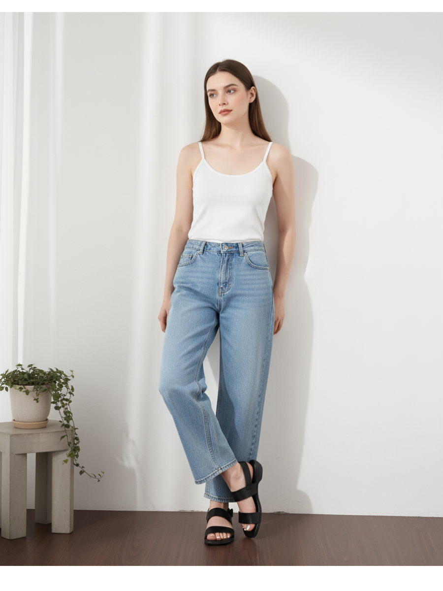 Một đôi sandal đen cùng áo hai dây và quần ống rộng - nhẹ nhàng mà vẫn cuốn hút.