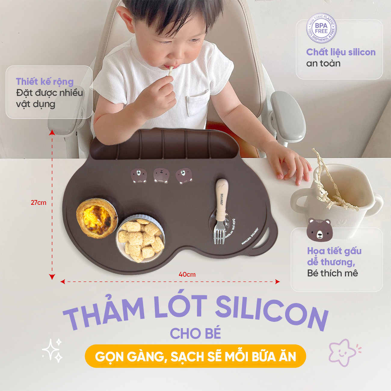 thảm lót bàn ăn dặm silicone jumysie hình gấu chống trượt