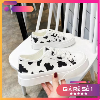 Giày Thể Thao Sneaker Nữ bò sữa Đen trắng Đế Mềm Chất Liệu vải Cao Cấp