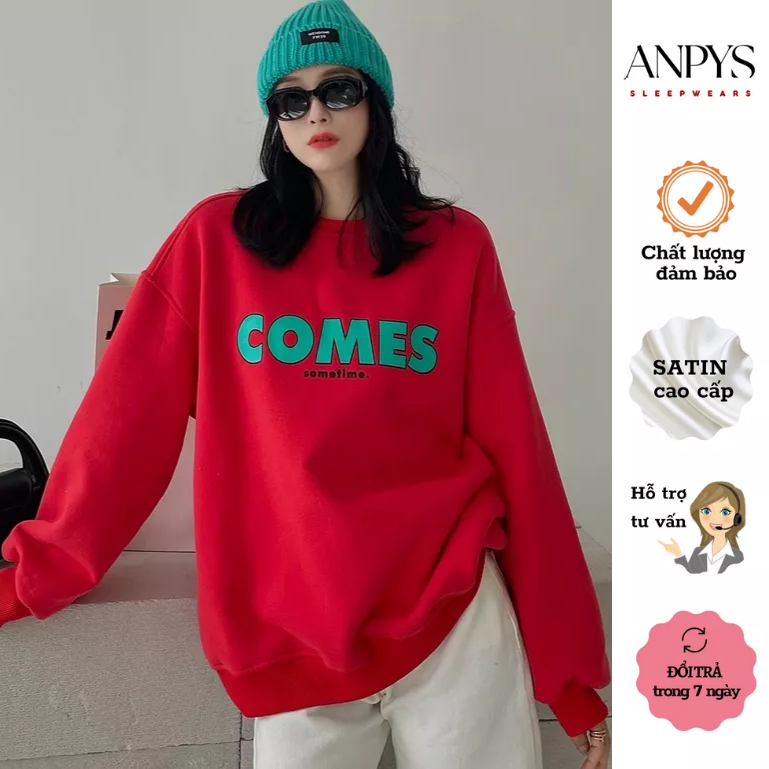 Áo nỉ nữ cổ tròn, lót lông đỏ, thu đông, form rộng Unisex cá tính, lót lông siêu ấm, 45-57Kg