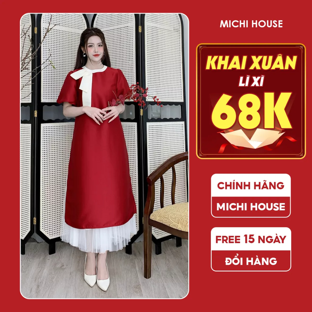 Đầm Suông A Dáng Áo Dài Cách Tân Michi House Váy Xuông Màu Đỏ Dự Tiệc Mặc Đi Lễ Tết Đều Xinh Freesize V551