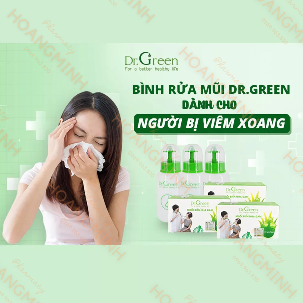 BÌNH RỬA MŨI DR.GREEN Chính Hãng, Đầu Rửa Silicon, 1 Bình Kèm 10 Gói Muối Biển, Hỗ Trợ Vm Mũi Xoang