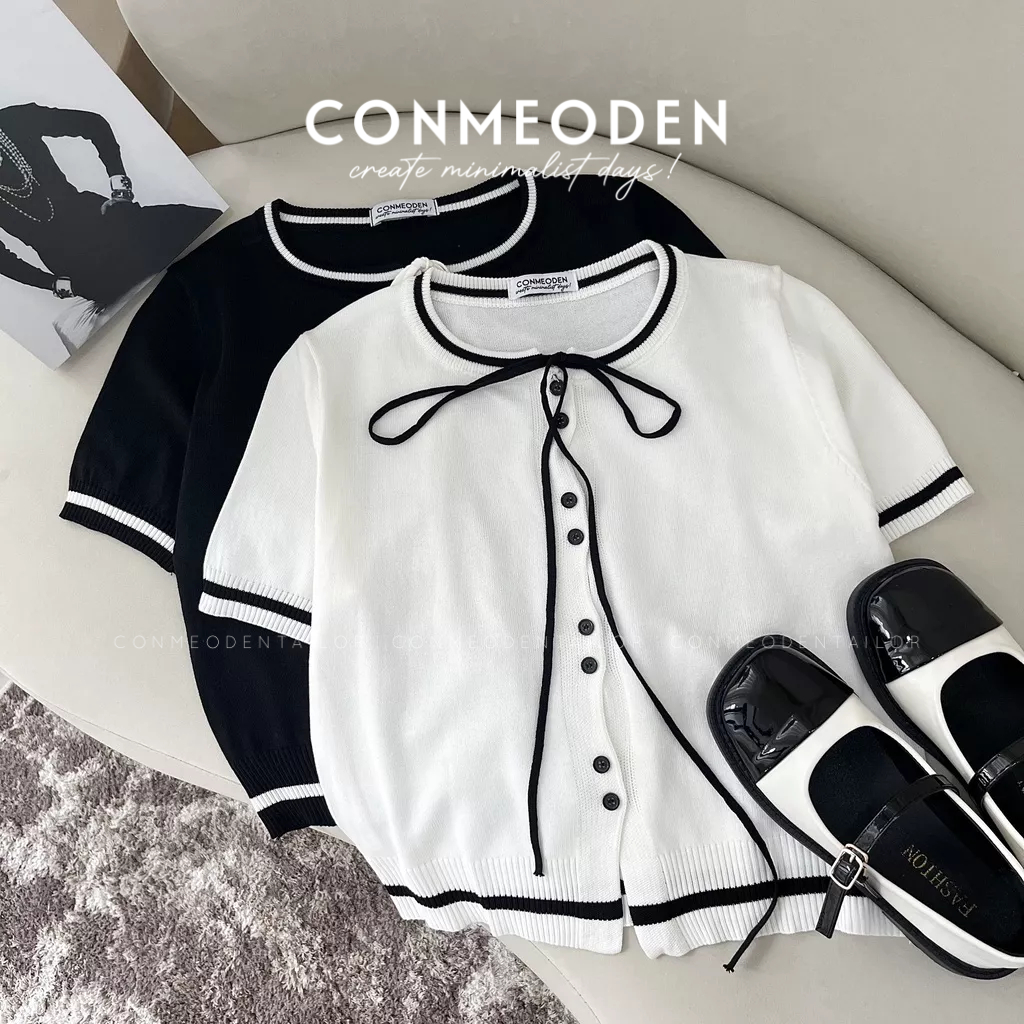 Áo viền cột nơ cổ len tăm PRINCE TOP CONMEODEN