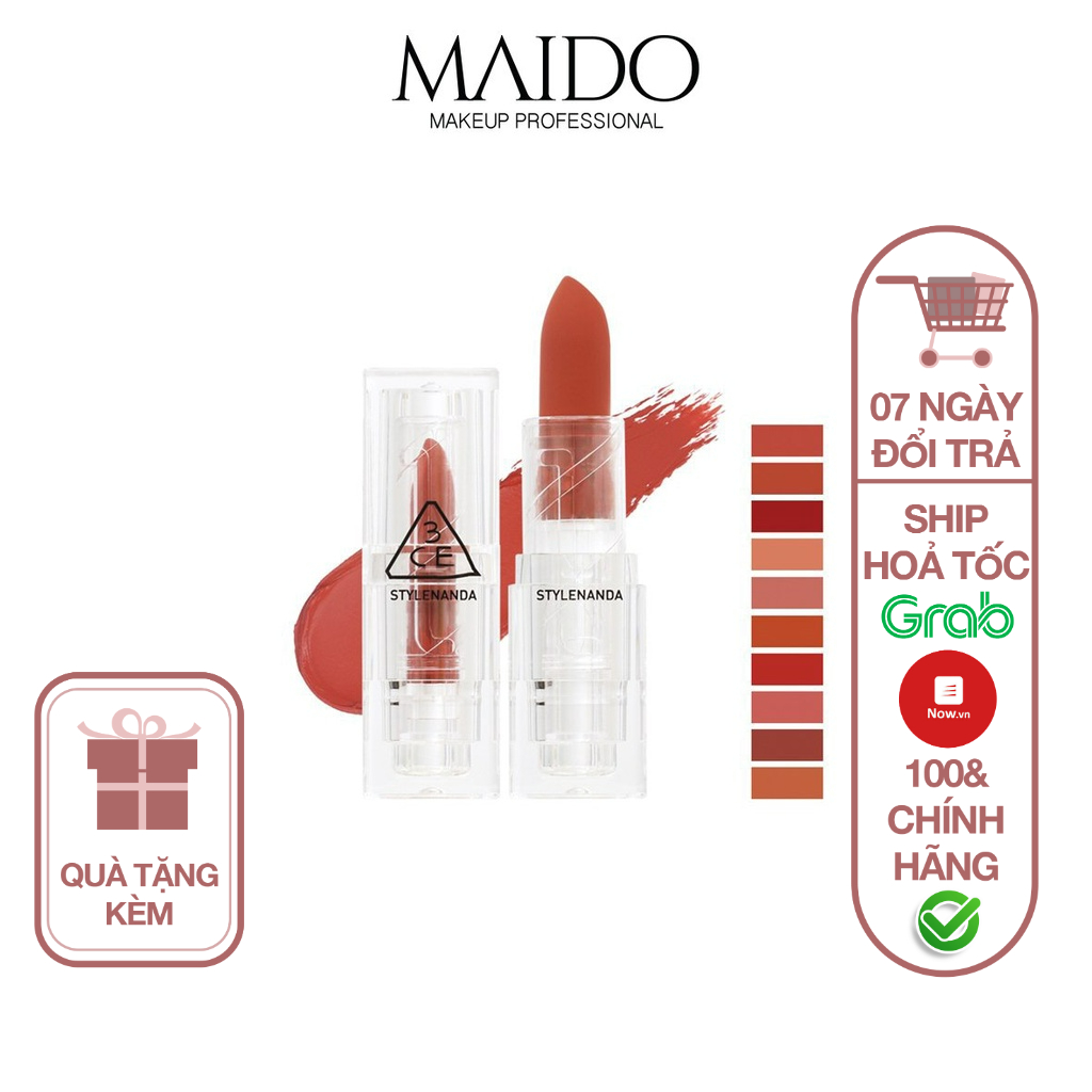 Son Thỏi Lì 3CE  Soft Matte Lipstick Vỏ Trong Suốt chống dính cốc mềm mịn lâu trôi S002 MAIDO cosmetics