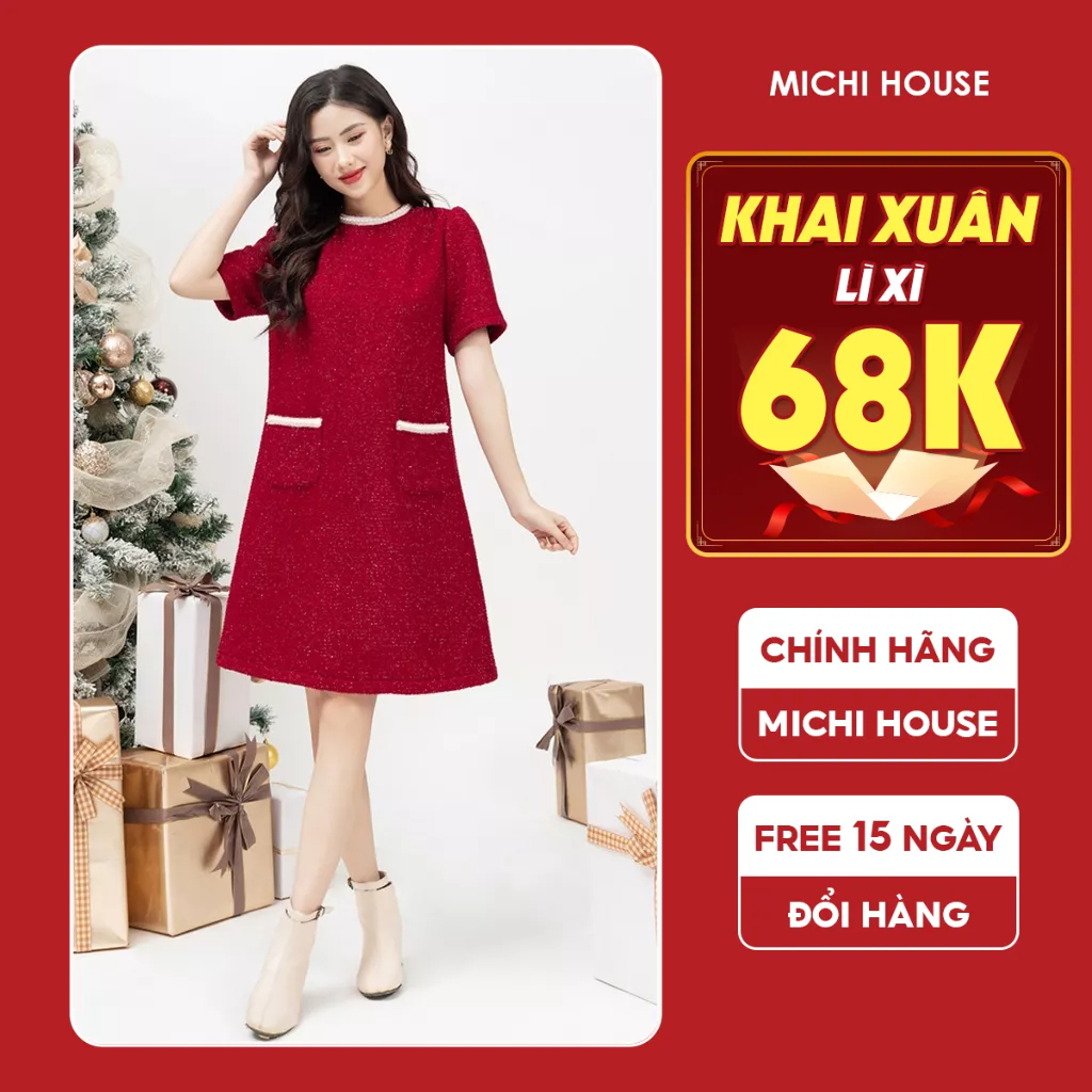 Đầm Đỏ Dáng Suông A Mặc Tết Michi House Váy Xuông Thu Đông Dự Tiệc Dáng Dài Đến Gối Bigsize Đến 75kg Bầu Mặc Xinh V533