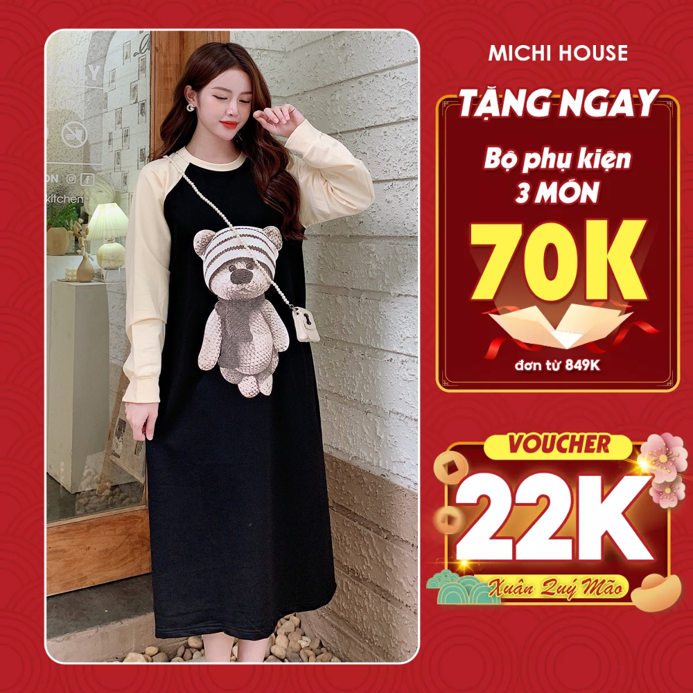 Đầm Thun Suông Dài Tay Michi House Váy Xuông Thu Đông Dáng Dài Qua Gối Freesize Thoải Mái Bầu Mặc Xinh V512