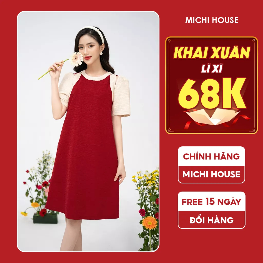 Đầm Đỏ Dự Tiệc Dáng Suông A Michi House Váy Xuông Thu Đông Truyền Thống Lễ Tết Có Bigsize Dài Đến Gối Bầu Mặc Xinh V558
