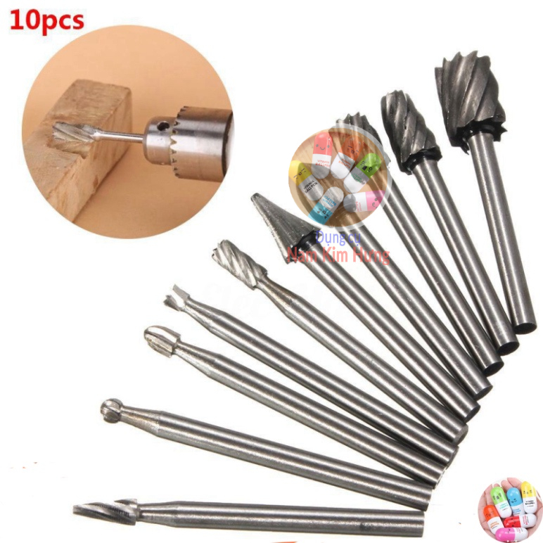Bộ 10 đầu mũi mài khắc làm gỗ lũa cán 3mm