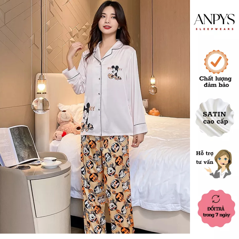 Bộ Đồ Ngủ Pijama Lụa Satin Cao Cấp Phạm Ngọc Ánh, Áo Tay Dài, màu trắng, quần họa tiết mickey