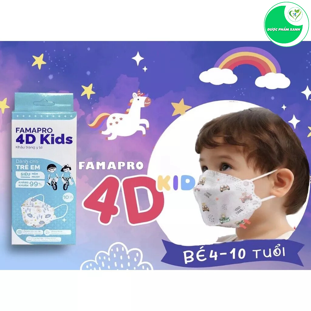 Khẩu Trang Famapro Trẻ Em 4D Kids  4 Lớp - Hộp 10/Cái Cho Bé