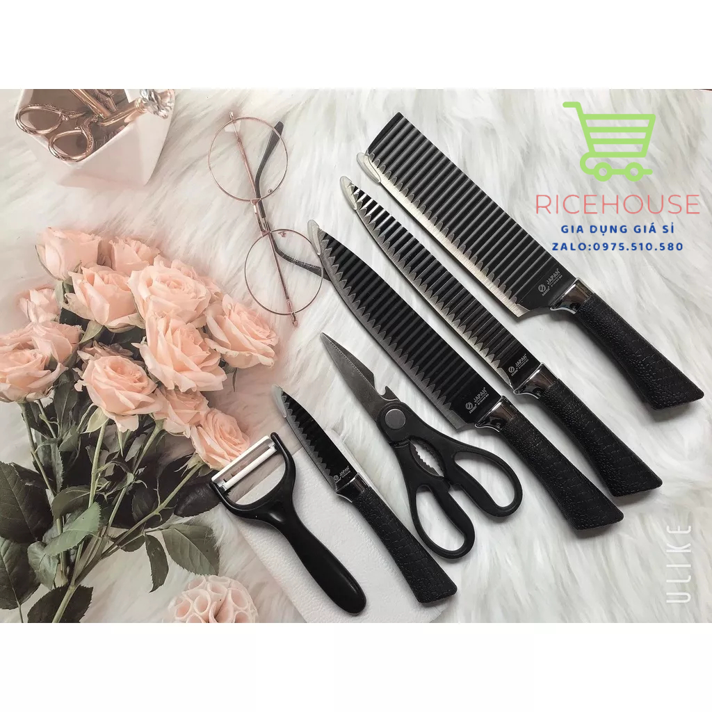 Bộ Dao Nhật ASAKH Làm Bếp 6 Món Lưỡi Sóng Cao Cấp - Chống Gỉ - Chất Liệu Hợp Kim