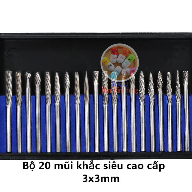 Bộ 20 mũi khắc, mài, làm lũa Vonfram cao cấp 3x3mm