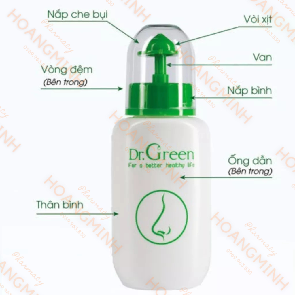 BÌNH RỬA MŨI DR.GREEN Chính Hãng, Đầu Rửa Silicon, 1 Bình Kèm 10 Gói Muối Biển, Hỗ Trợ Vm Mũi Xoang