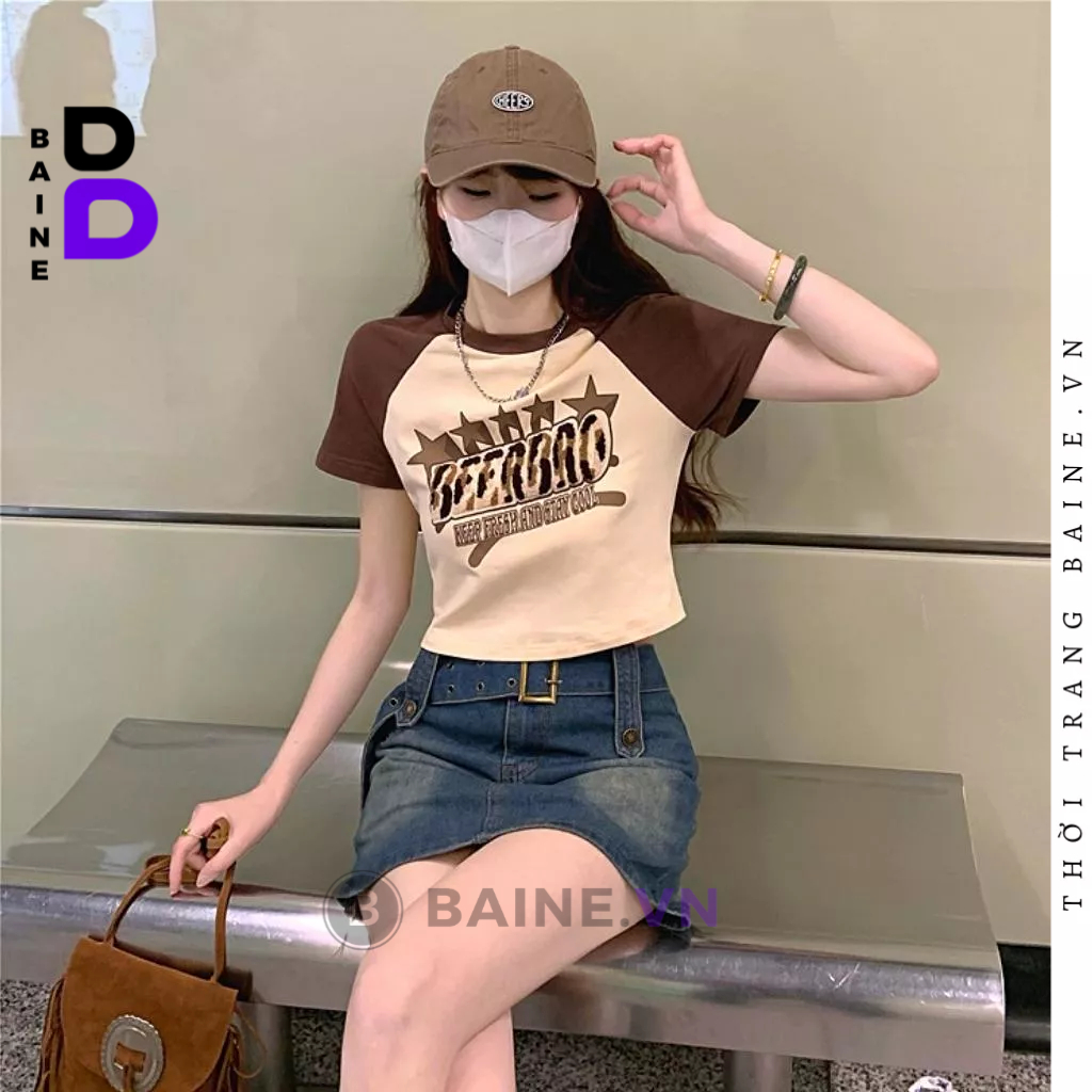 Áo Croptop Cổ Tròn Tay Ngắn BEER BRO Chất Thun Borip Kiểu Sexy Nữ, Áo Thun Ôm Body In Hoạ Tiết Đẹp Tôn Dáng BAINE