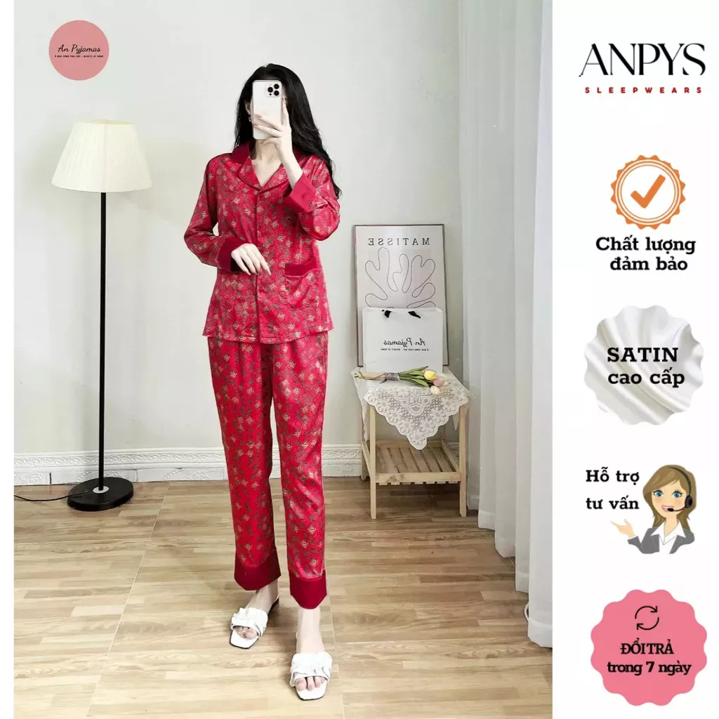 Bộ đồ ngủ mặc nhà pijamas nữ Phạm Ngọc Ánh chất lụa satin cao cấp áo dài tay thiết kế tinh tế freesize 45-57kg