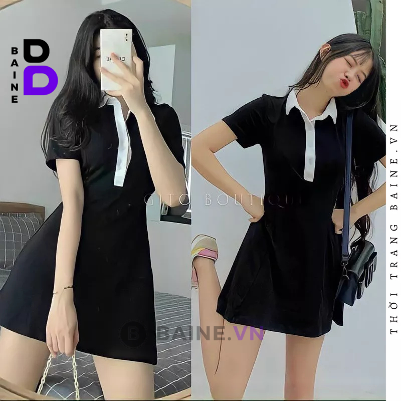 Đầm Váy Body CỔ POLO Phối Trắng Nữ Kiểu Tay Ngắn Dáng Xoè Tôn Dáng Mặc Đẹp BAINE