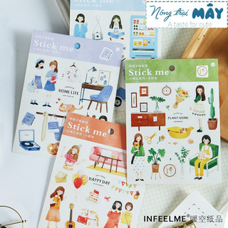 Sticker CÔ GÁI MÀU NƯỚC nông trại mây nhỏ trang trí sổ, album, nhật ký, lưu bút, bullet journal