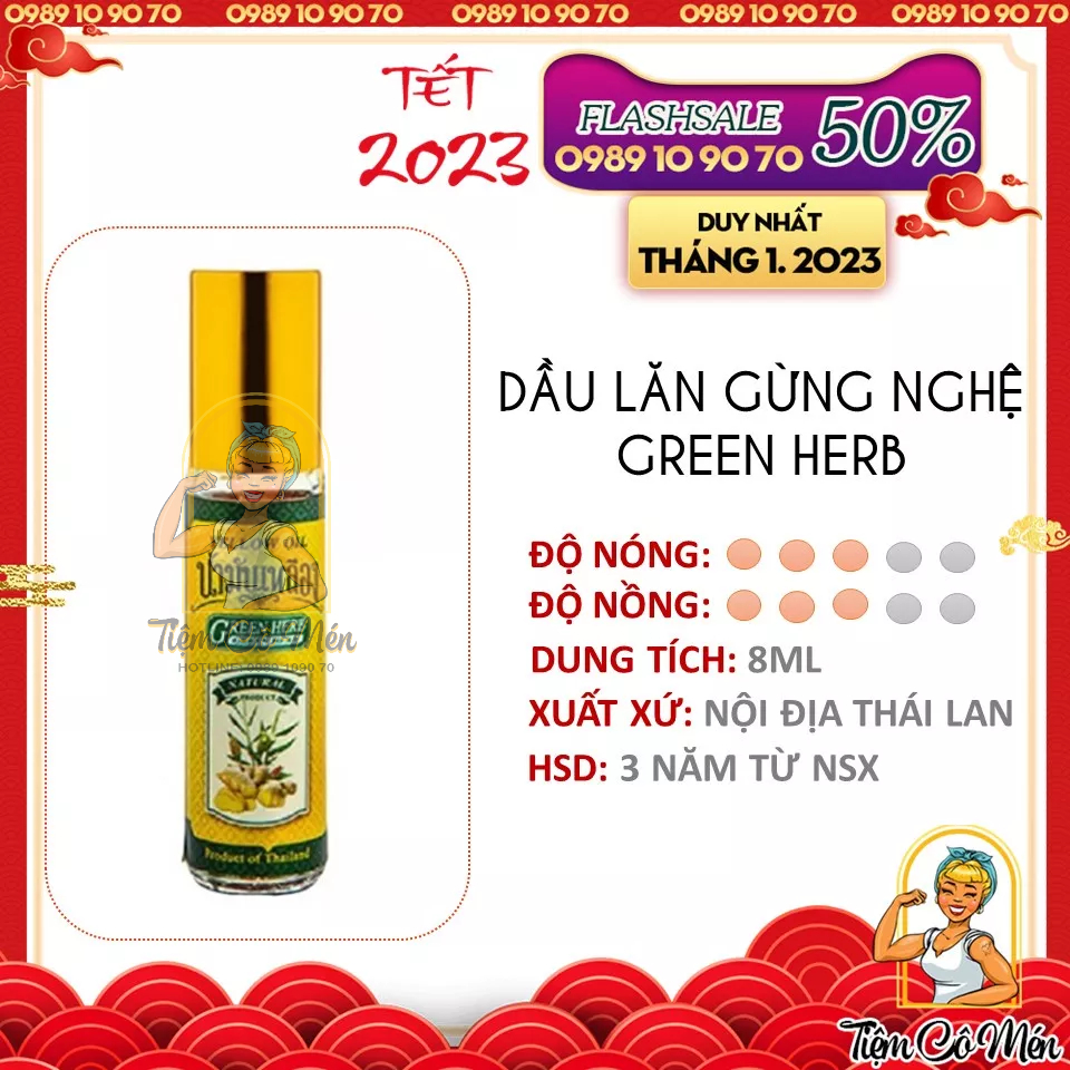 DẦU LĂN THẢO DƯỢC GỪNG NGHỆ GREEN HERB THÁI LAN (DẦU LĂN GỪNG THẢO DƯỢC GREEN HERB YELLOW OIL) -8ML- GỪNG, NGỆ, SẢ