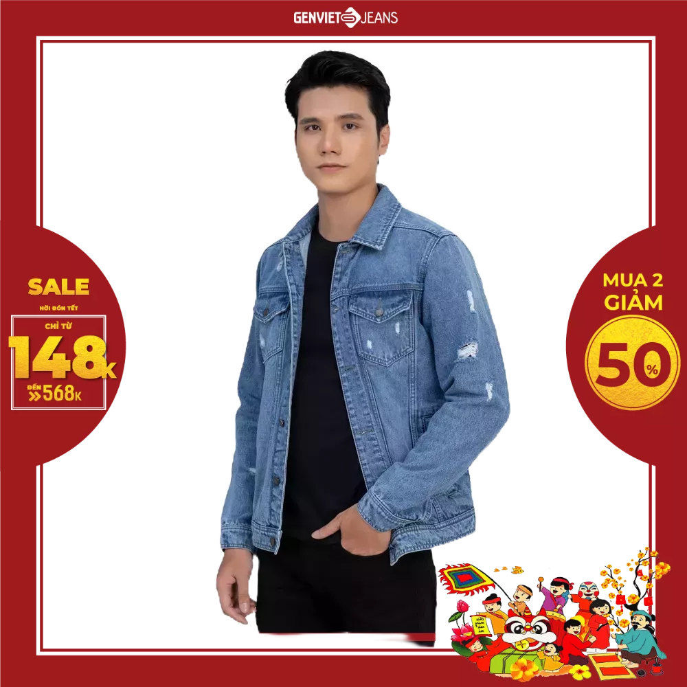 Áo Khoác Jeans Nam GENVIET Rách Phối Xước Chất Bò Jean Denim Cao Cấp X6123J8028