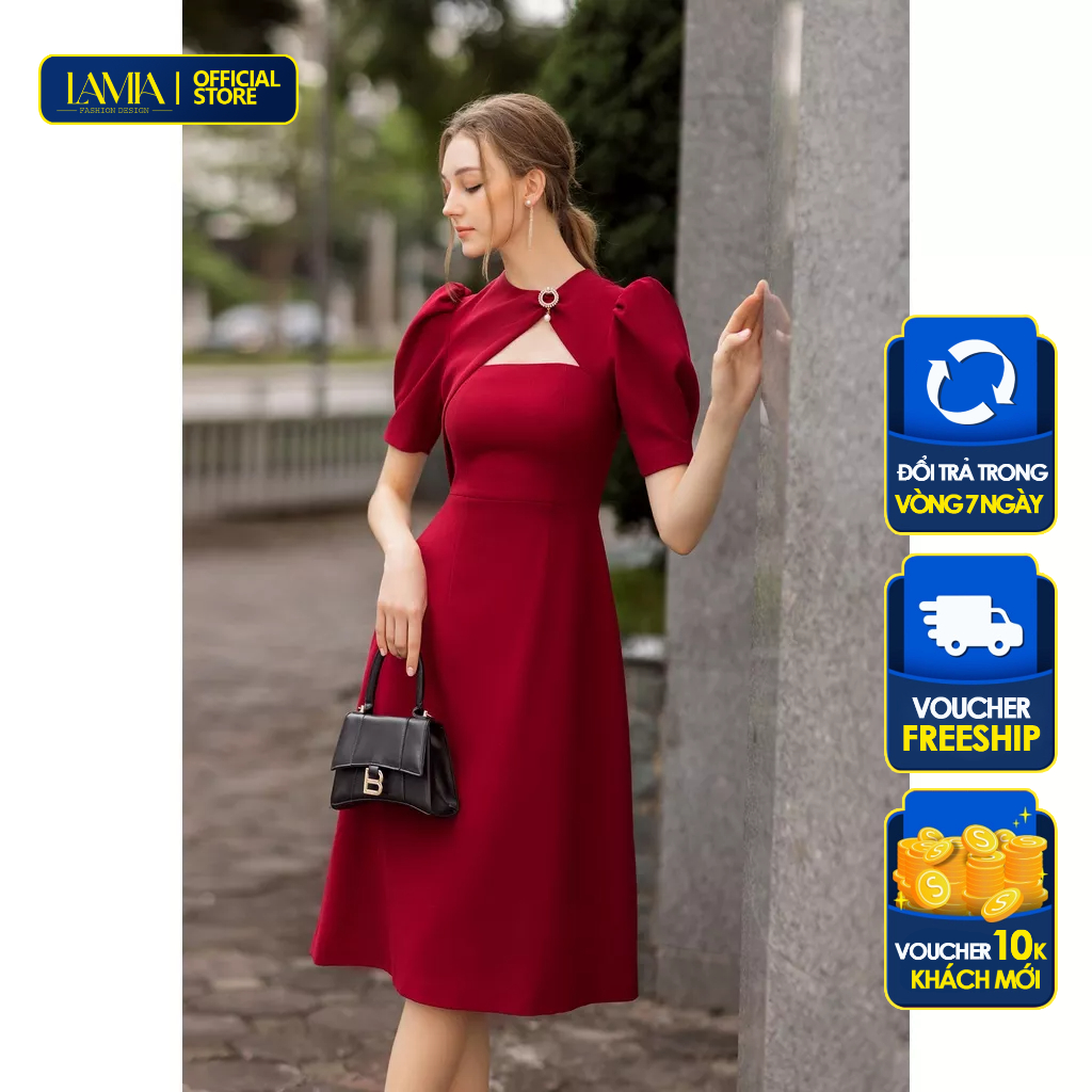 Đầm công sở Lamia Design LD154 màu đỏ trầm phối xếp bồng sang trọng