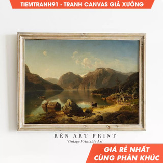 Tranh treo tường, Vintage Muted Landscape Painting Country Lake Art Neutral Landscape Antique Art Farmhouse.