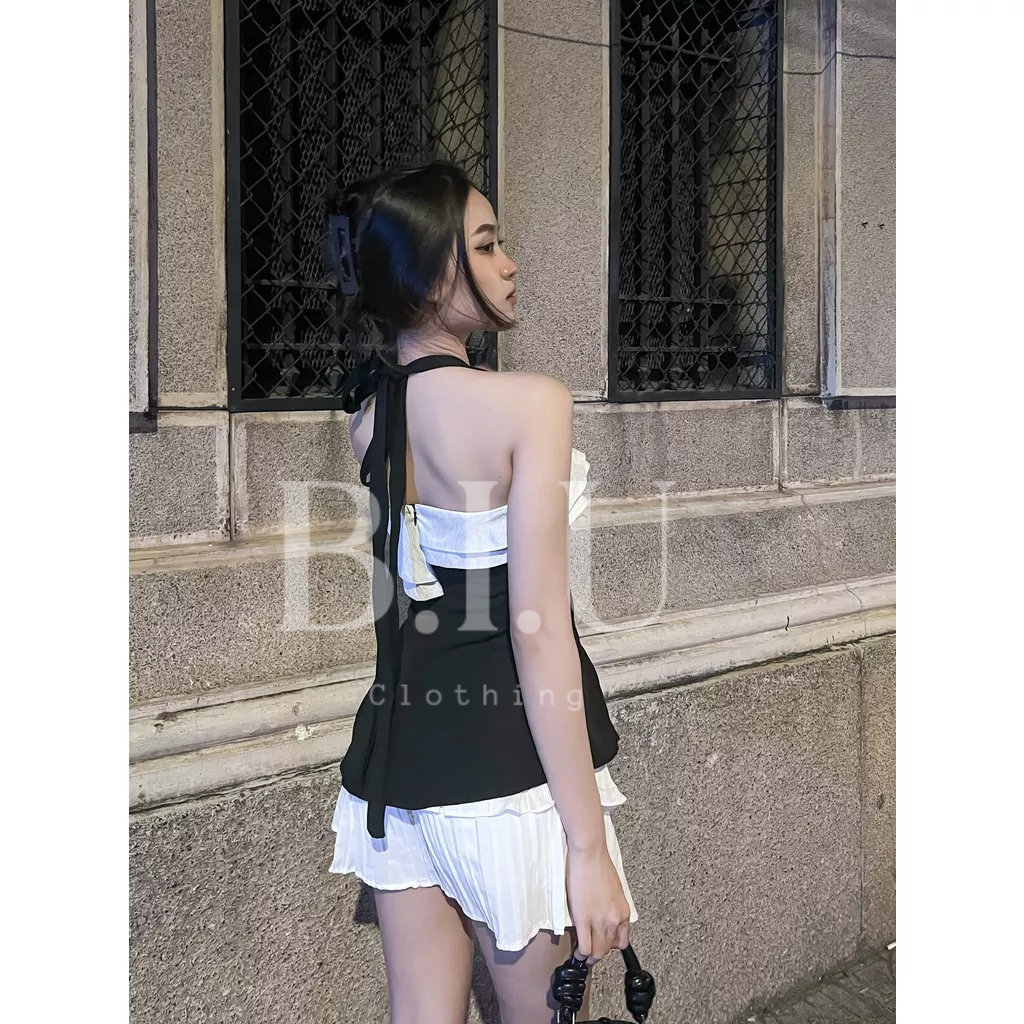 Set áo cúp ngực kiểu bèo cột dây vạt xéo chân váy tầng xoè tiểu thư TRIJI SET BIU Clothing BB0045