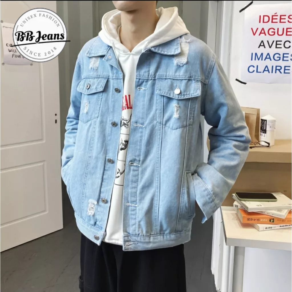 Áo khoác jean nam nữ xanh kinh điển Basic nhạt - đậm - áo jean unisex xanh rách BB Jeans FORM RỘNG  40-85kg