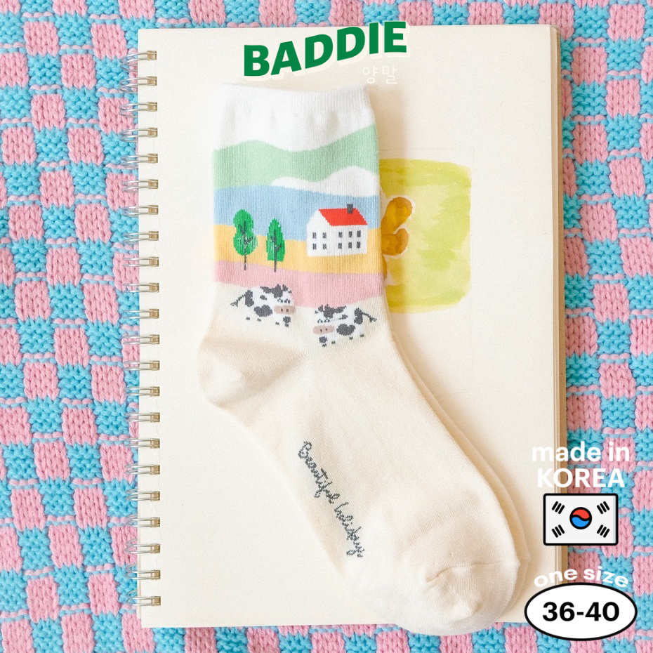 DAIRY FARM - Tất vớ cao cổ nữ hình cánh đồng trang trại bò sữa, màu pastel xinh xắn, nhập khẩu Hàn Quốc