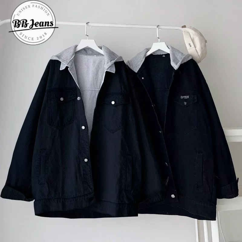 Áo khoác jean phối nón nỉ sơ mi đỏ - áo jean đen túi hộp nón nỉ xám FORM RỘNG size 40-75kg BB Jeans