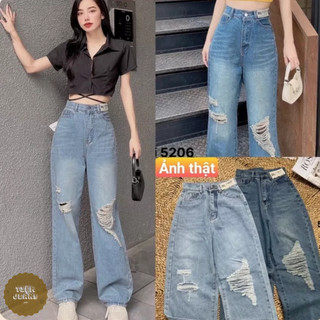 Quần jean nữ ống rộng cạp cao, Quần bò dáng suông rách kiểu mẫu mới hottrend