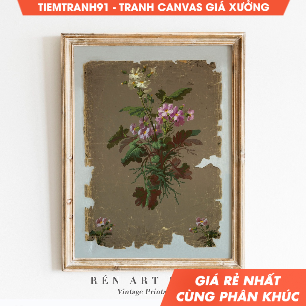Tranh treo tường, Antique Floral Wall Art Vintage Flower Painting Wall Art Country Farmhouse, tặng kèm đinh treo.