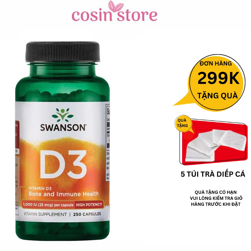 Viên Uống Vitamin D3 Swanson 1000 IU 25 mcg 250 Viên