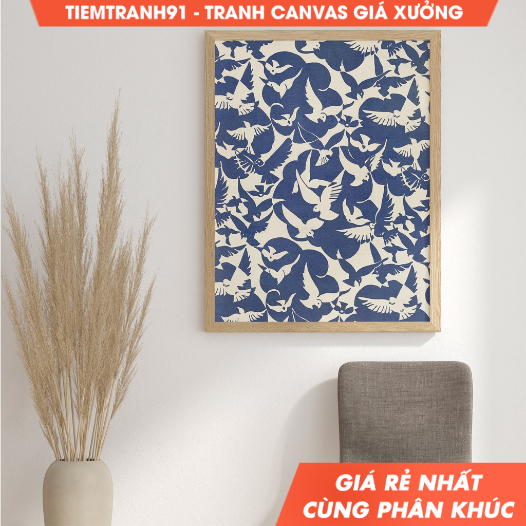 Tranh treo tường, Antique Pattern Wall Art Abstract Art Pigeons in Blue and White Art Abstract Patte