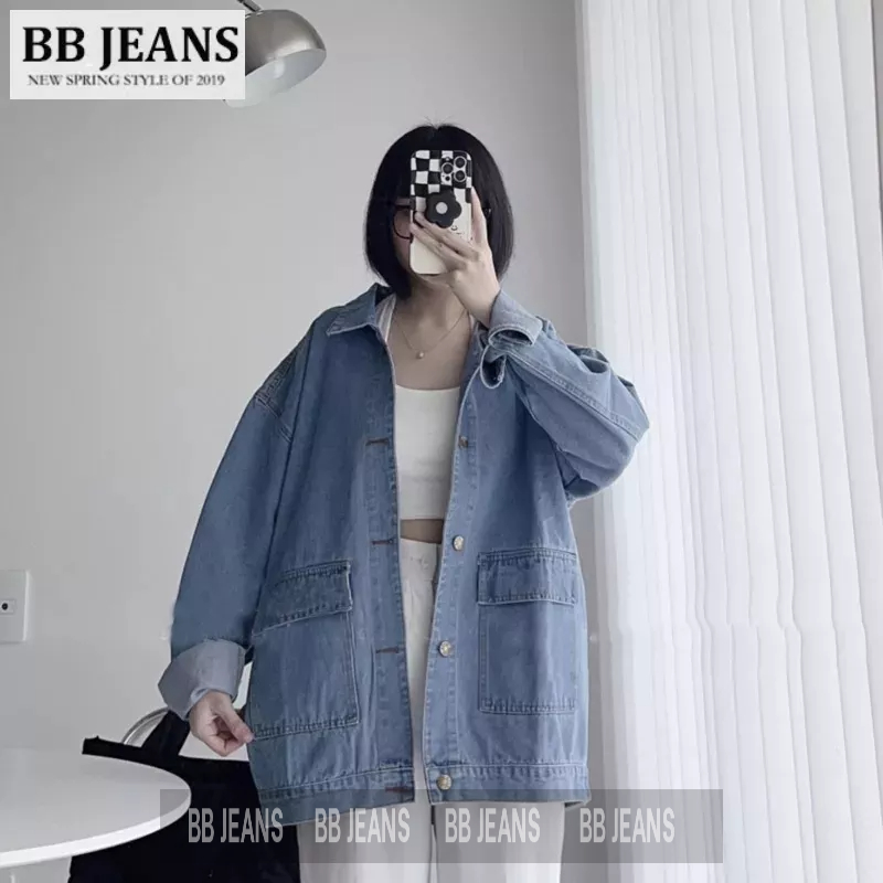 Áo Khoác jeans trơn v3 có 2 túi hộp form rộng nam nữ màu Xanh/ Đen unisex BB JEANS